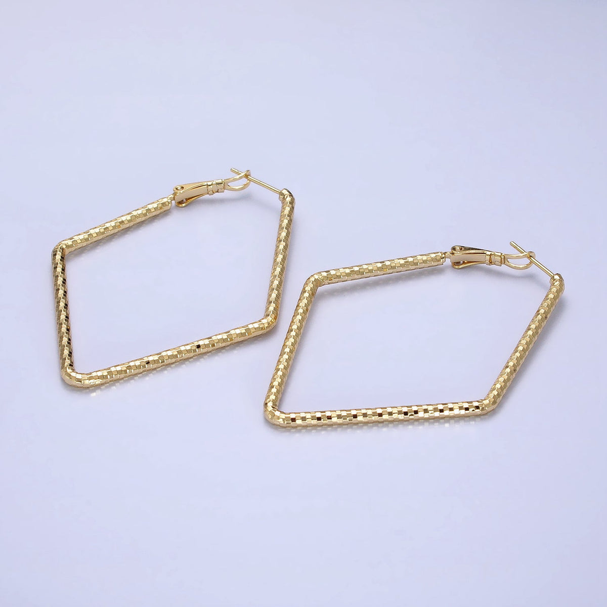 14K Gold Filled Multifaceted Textured 45mm, 60mm Rhombus Hinge Hoop Earrings | AE063 AE064