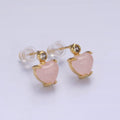14K Gold Filled Rose Quartz Heart Clear CZ Drop Stud Earrings | AE985
