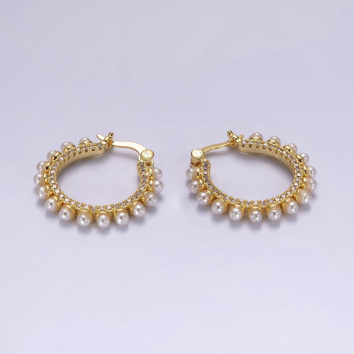 14K Gold Filled 23.5mm Micro Paved CZ Shell Pearl Dotted Latch Hoop Earrings in Gold & Silver | AE993 AE994