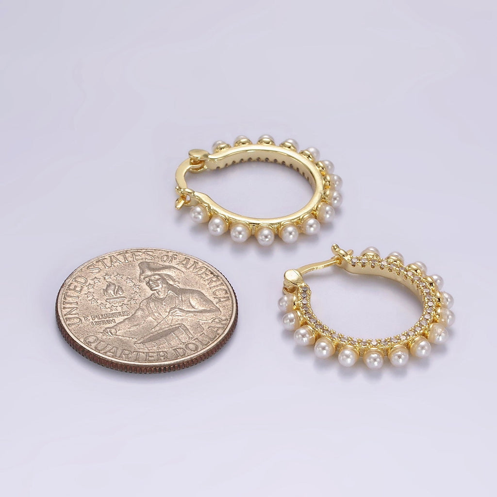14K Gold Filled 23.5mm Micro Paved CZ Shell Pearl Dotted Latch Hoop Earrings in Gold & Silver | AE993 AE994
