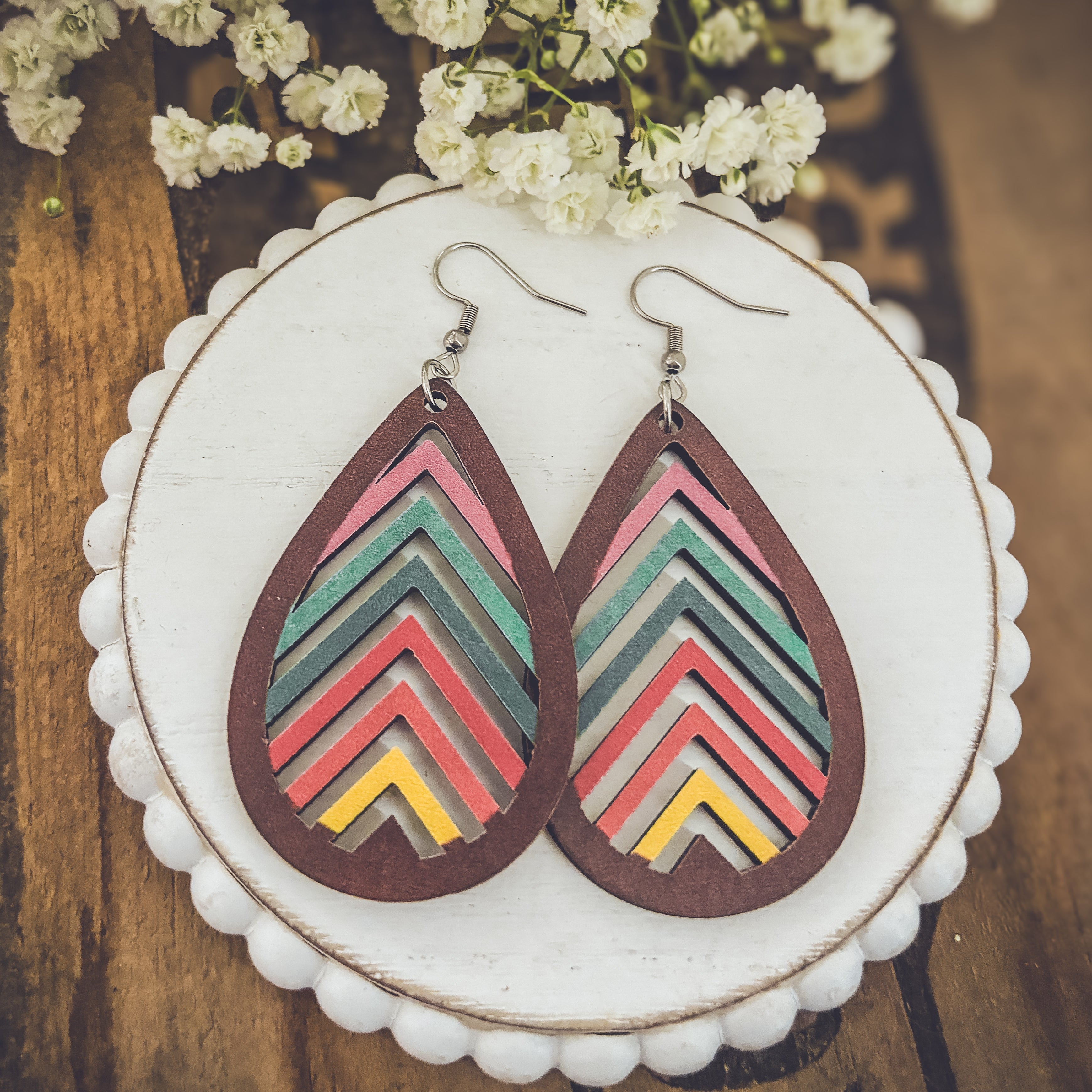 Wooden Rainbow Mountains Laser Cut Earrings
