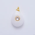 18K Gold Filled 23mm Clear CZ Round Embedded White Jade Teardrop Gemstone Charm | AF1322