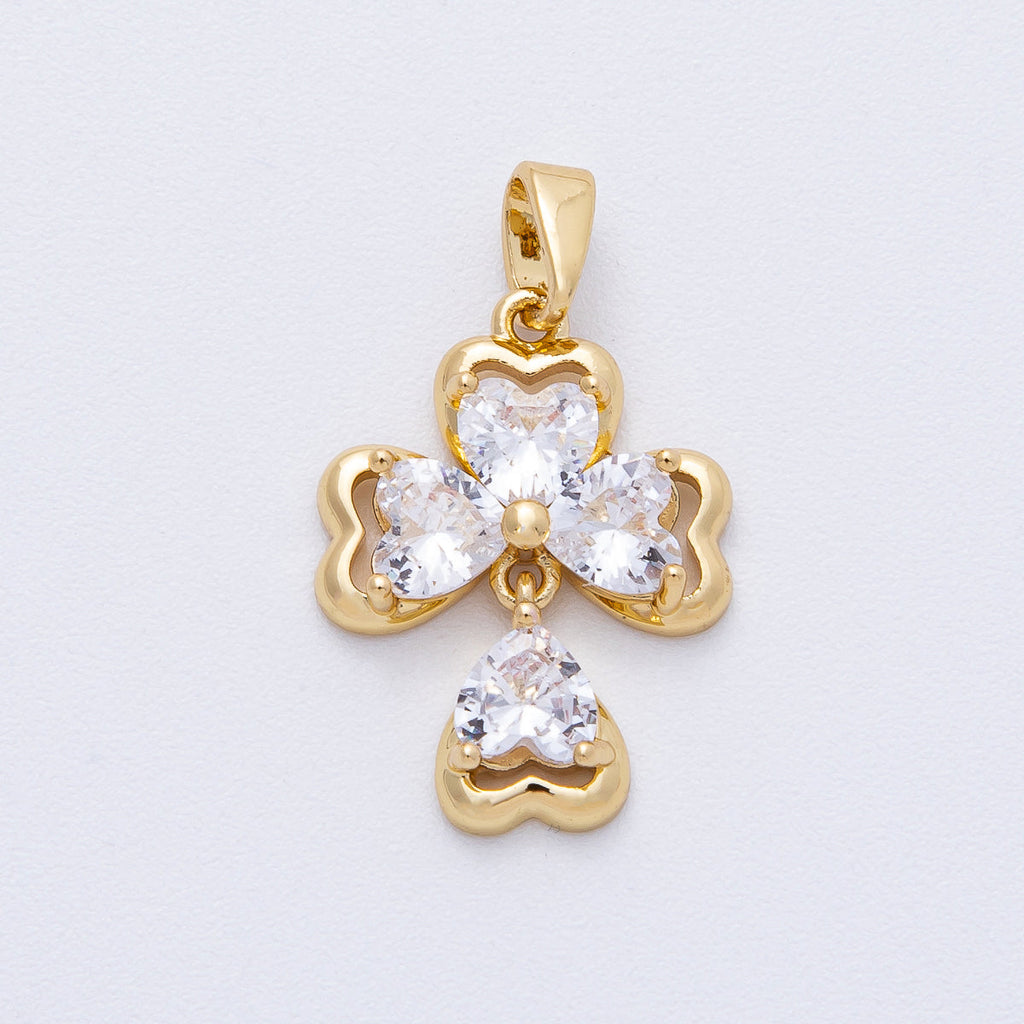 18K Gold Filled 20mm Clear CZ Clover Flower Religious Cross Drop Pendant | AF1216