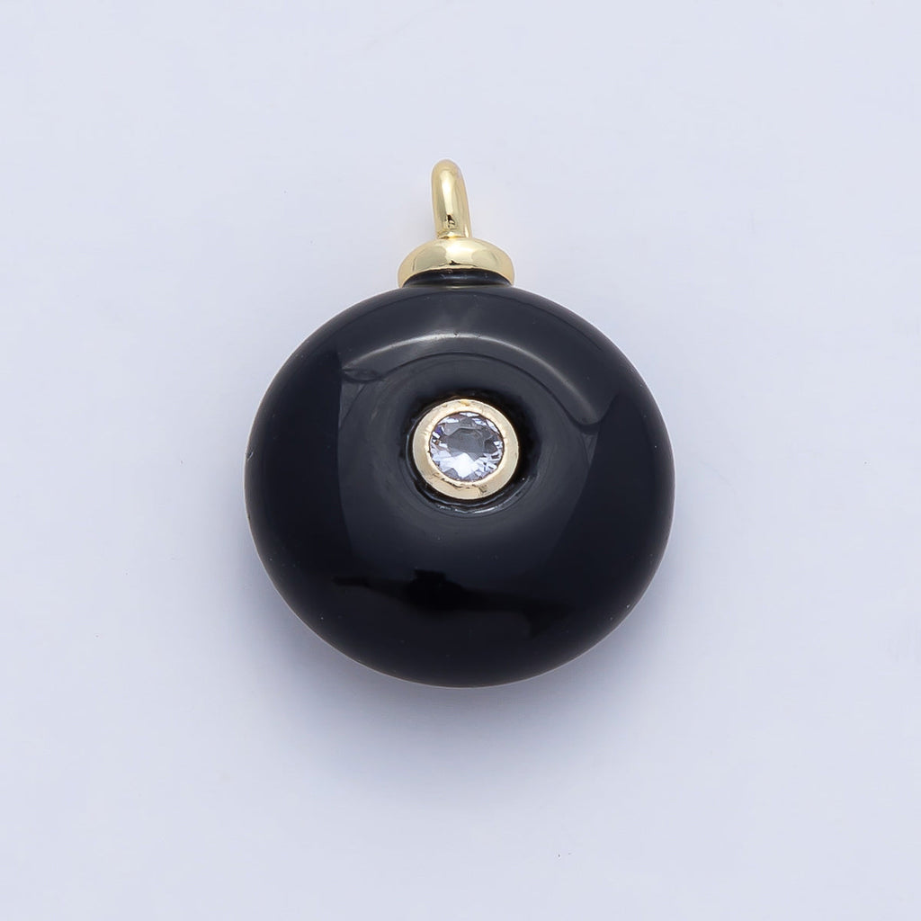 18K Gold Filled 20mm Clear CZ Embedded Black Onyx Round Gemstone Charm | AF1471