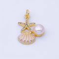 24K Gold Filled 23mm White, Pink, Blue Micro Paved CZ Shell Pearl Starfish Clam Seashell Charm | AF1588 AF1589