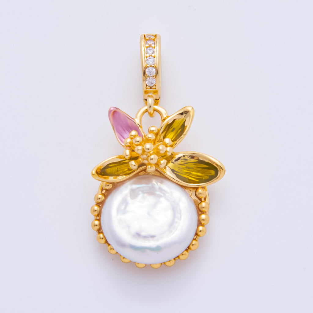 18K Gold Filled Multicolor CZ Freshwater Pearl Round Flower Pendant | AH00809