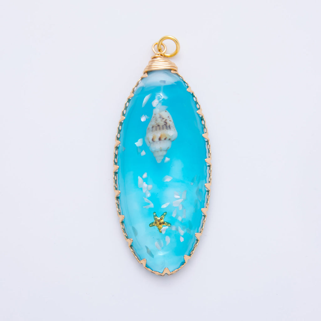 18K Gold Filled 55mm Blue Sea Conch Star Fish Resin Oval Charm | AH865