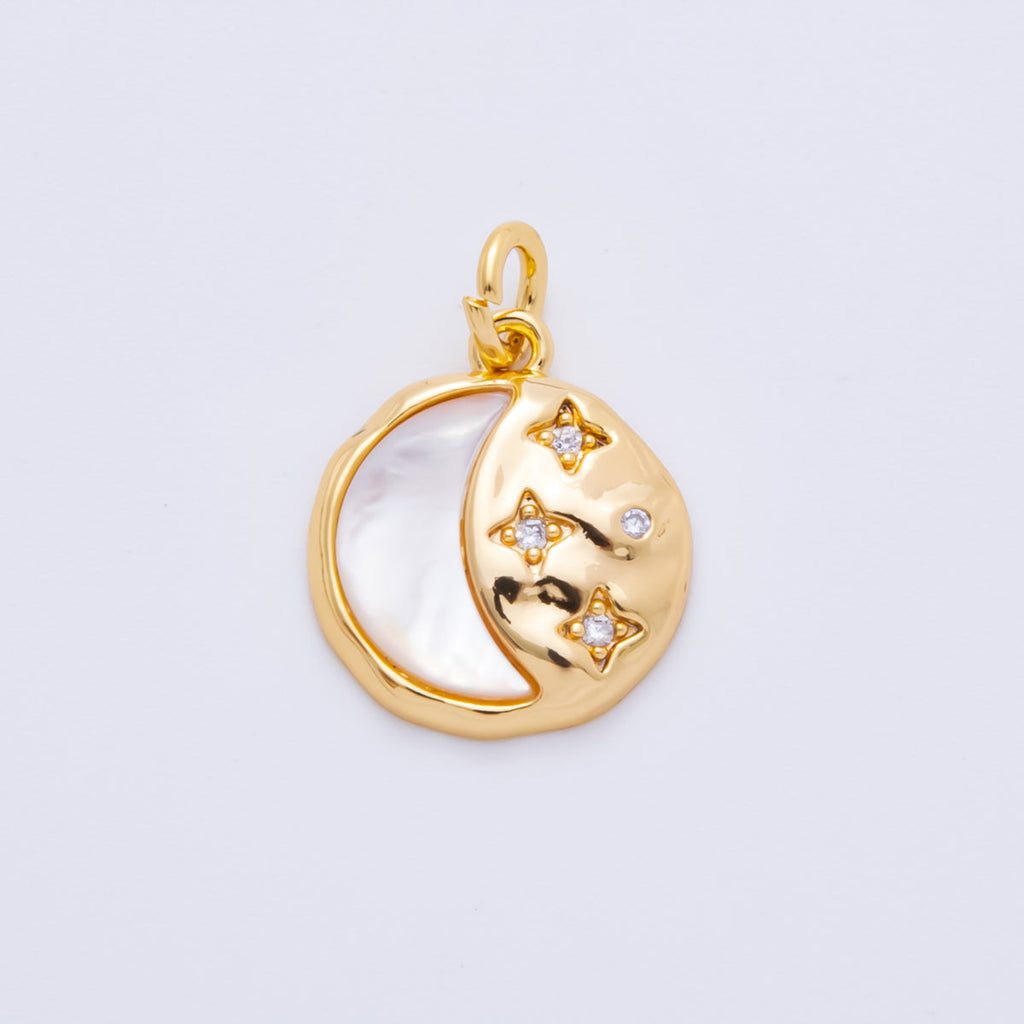 18K Gold Filled Shell Pearl Celestial Star Crescent Moon Round Charm | AH914