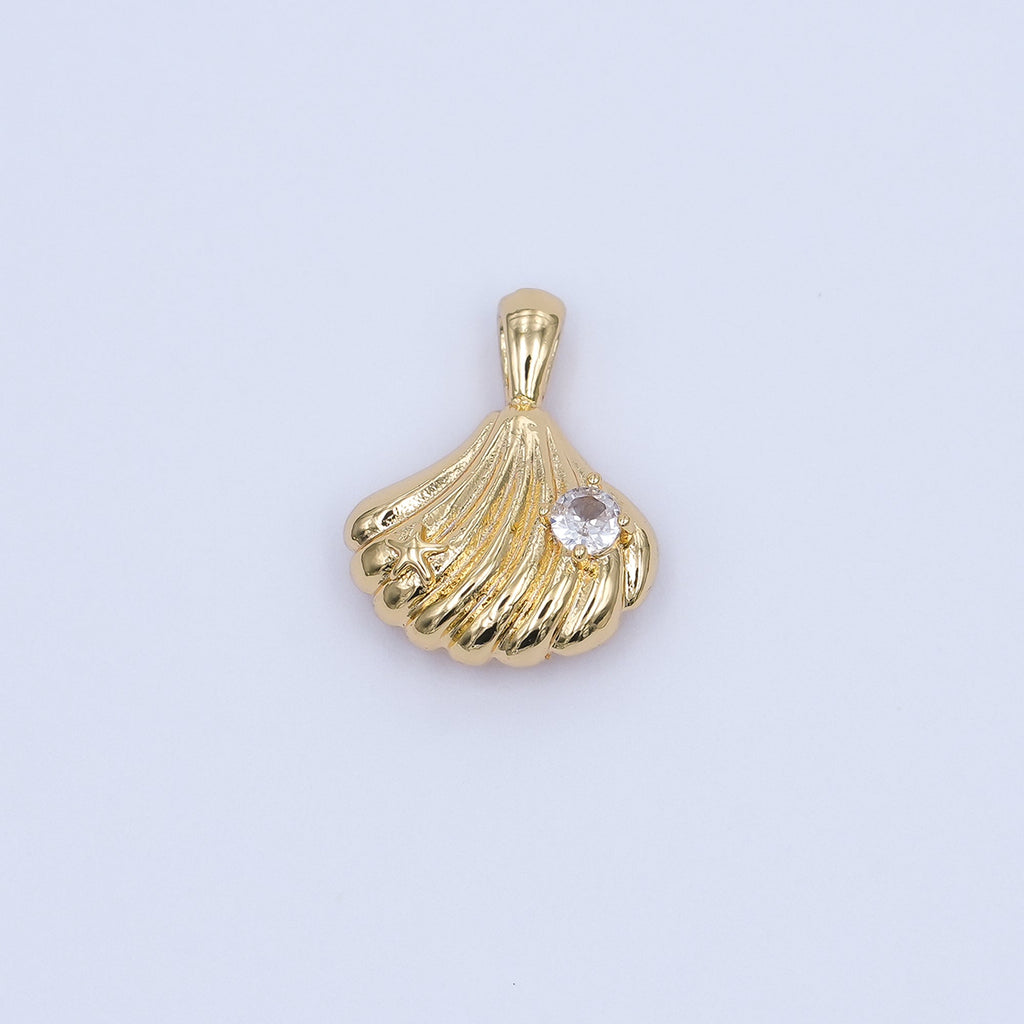 24K Gold Filled 17mm Clear CZ Scallop Sea Shell 3D Multidimensional Pendant in Gold & Silver | AH459