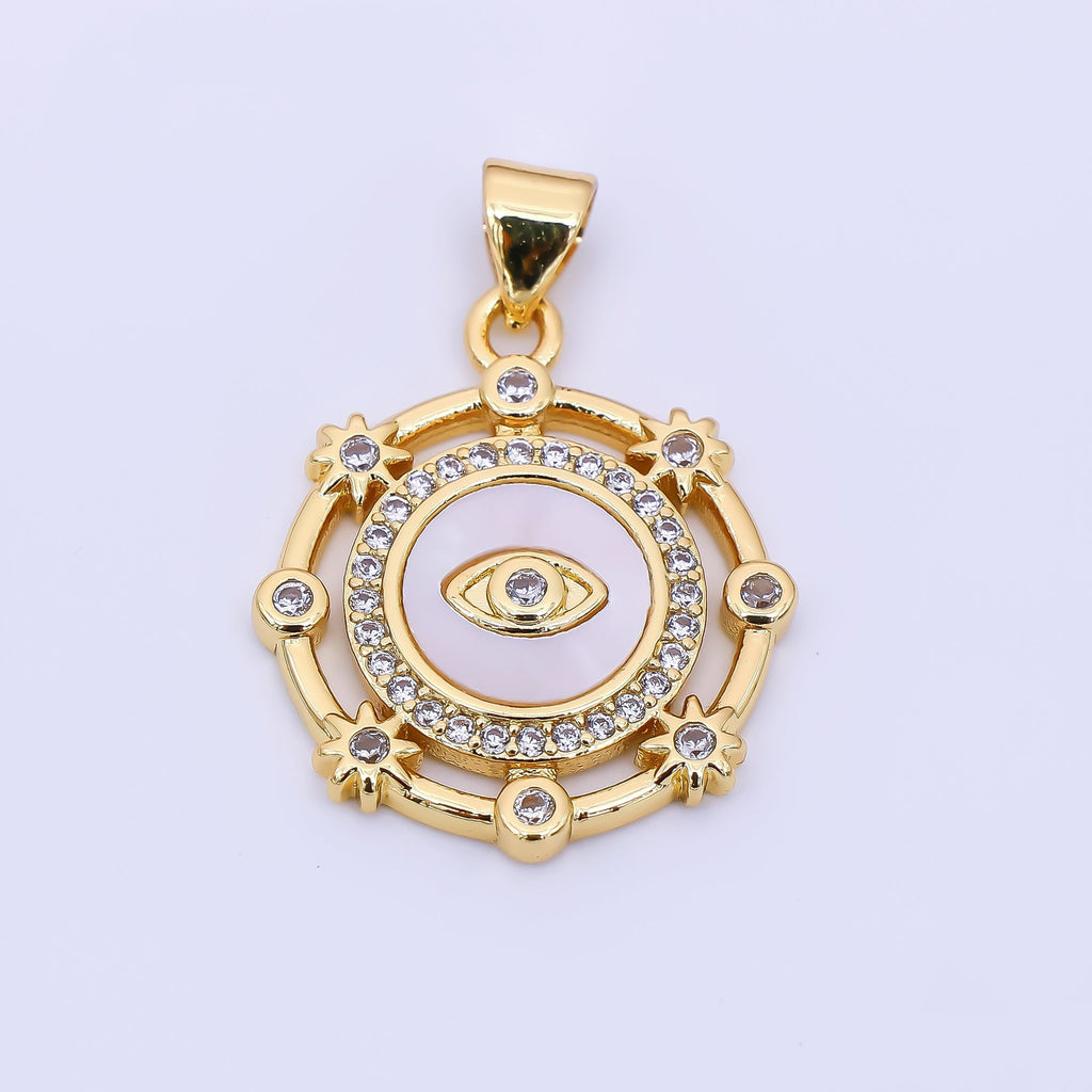 24K Gold Filled 22mm Micro Paved CZ Shell Pearl Evil Eye Round Bezel Pendant | AH543