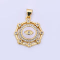 24K Gold Filled 22mm Micro Paved CZ Shell Pearl Evil Eye Round Bezel Pendant | AH543