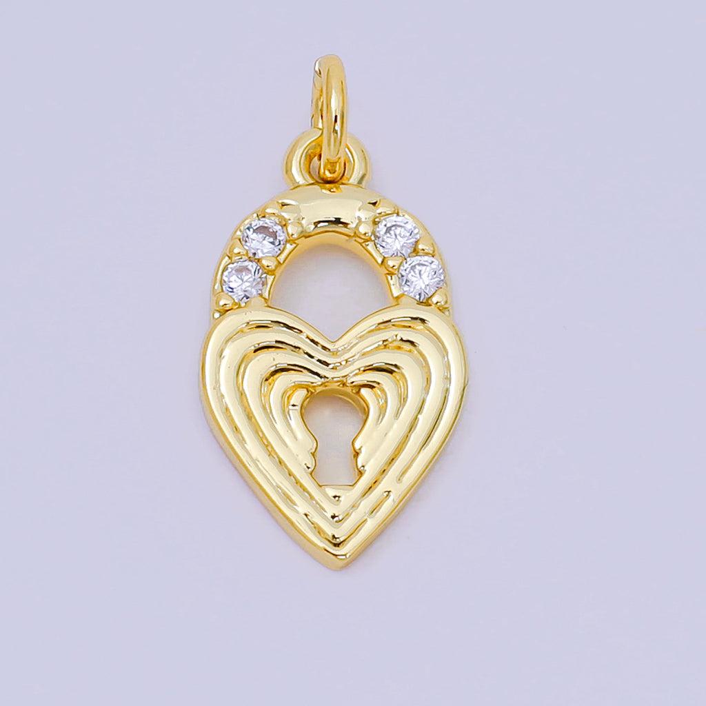 24K Gold Filled 18mm Micro Paved CZ Ribbed Heart Love Padlock Charm | AH641