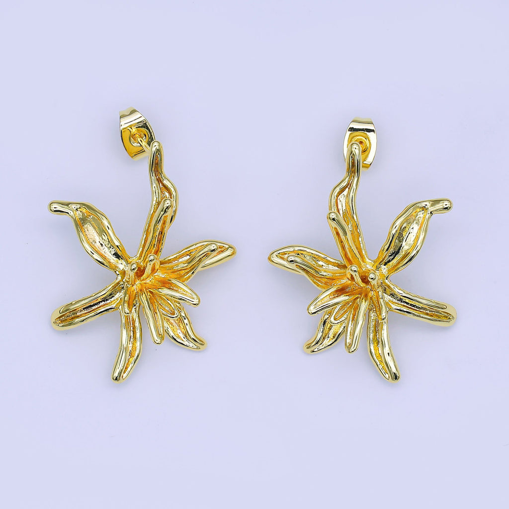 24K Gold Filled 32mm Molten Wild Lily Flower Drop Stud Earrings | AI513