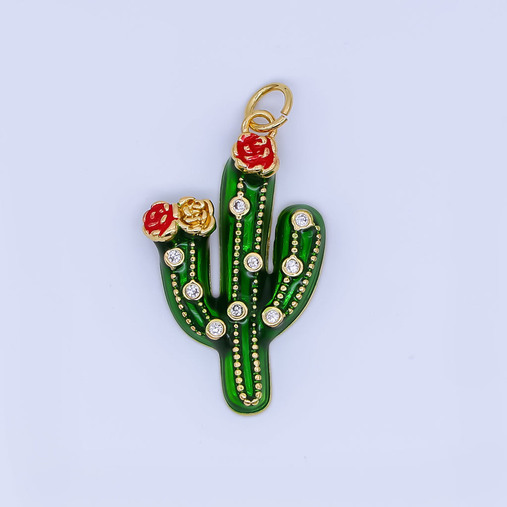 24K Gold Filled 27mm Clear CZ Dotted Enamel Red Flower Cactus Plant Charm | AJ433 AJ434