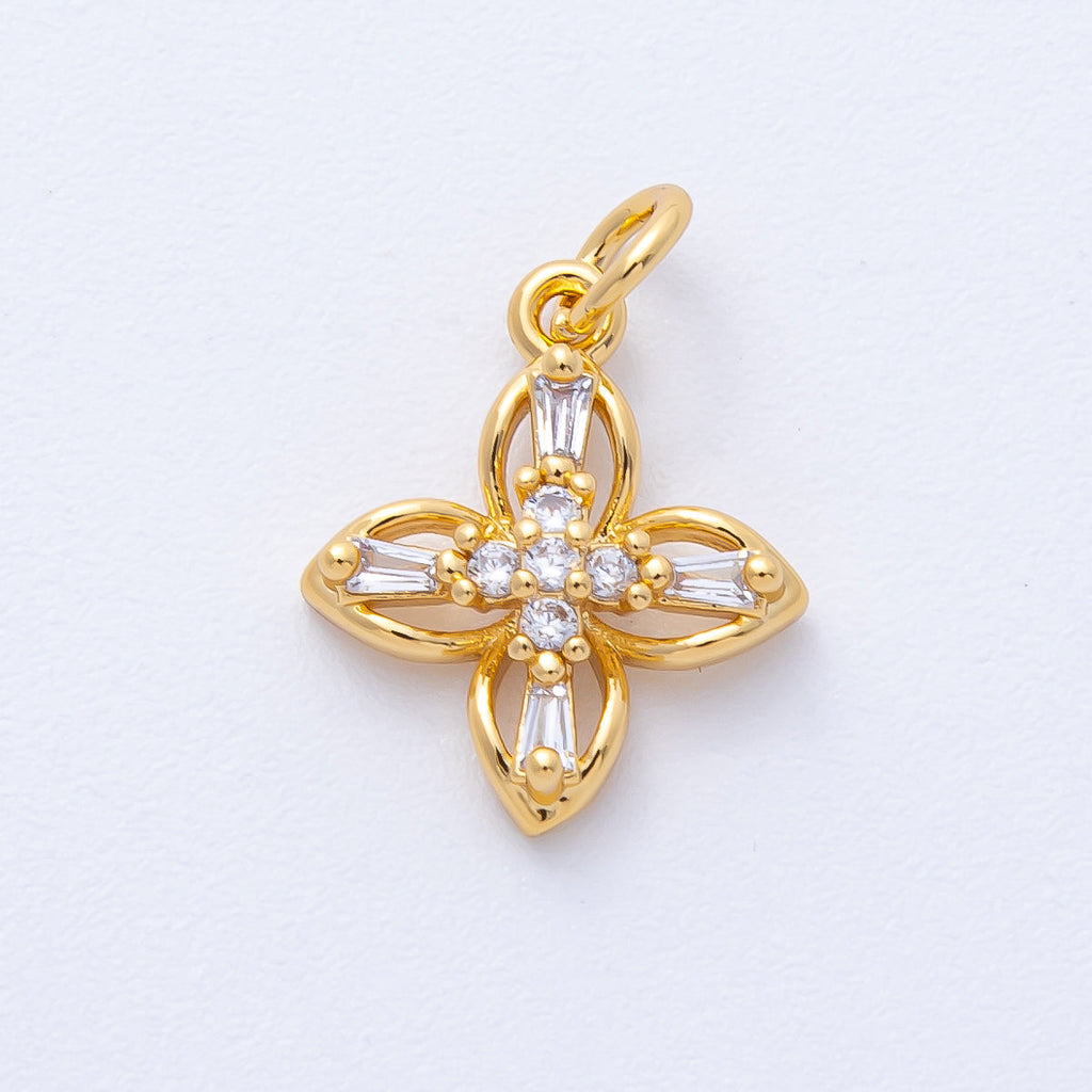 18K Gold Filled 16mm Clear Baguette Micro Paved CZ Clover Flower Open Charm | AK176