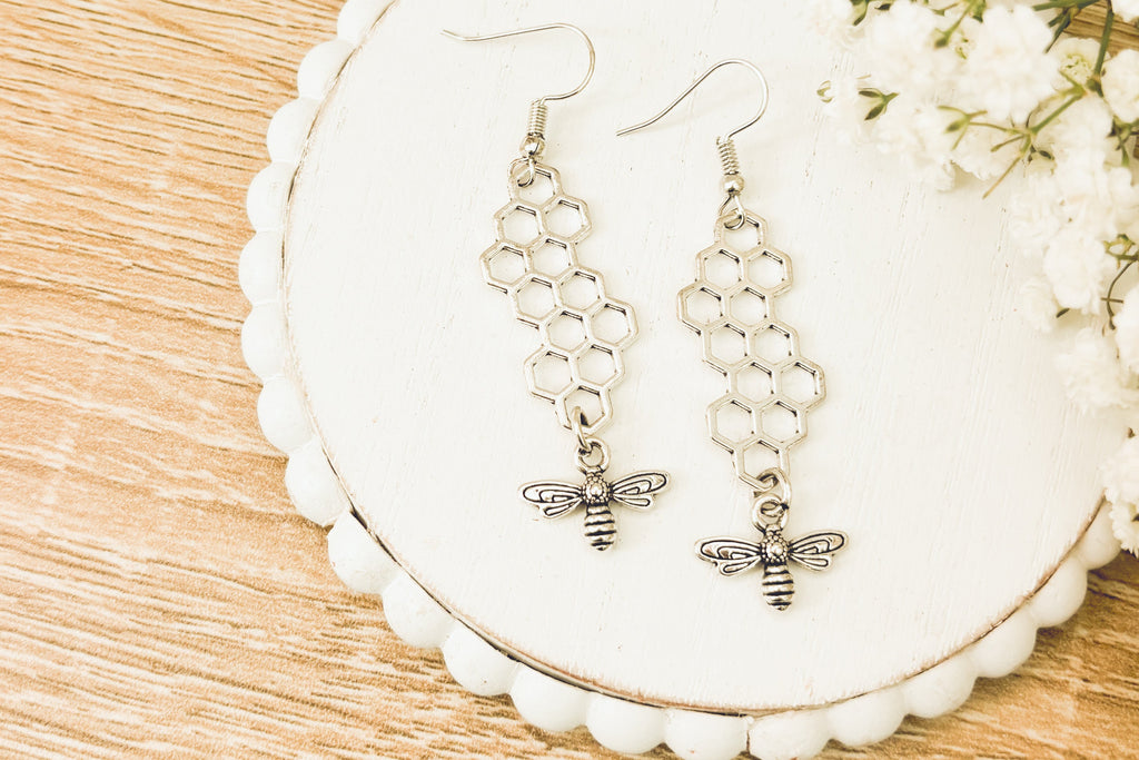 Gold or Silver Honeybee Honeycomb Earrings