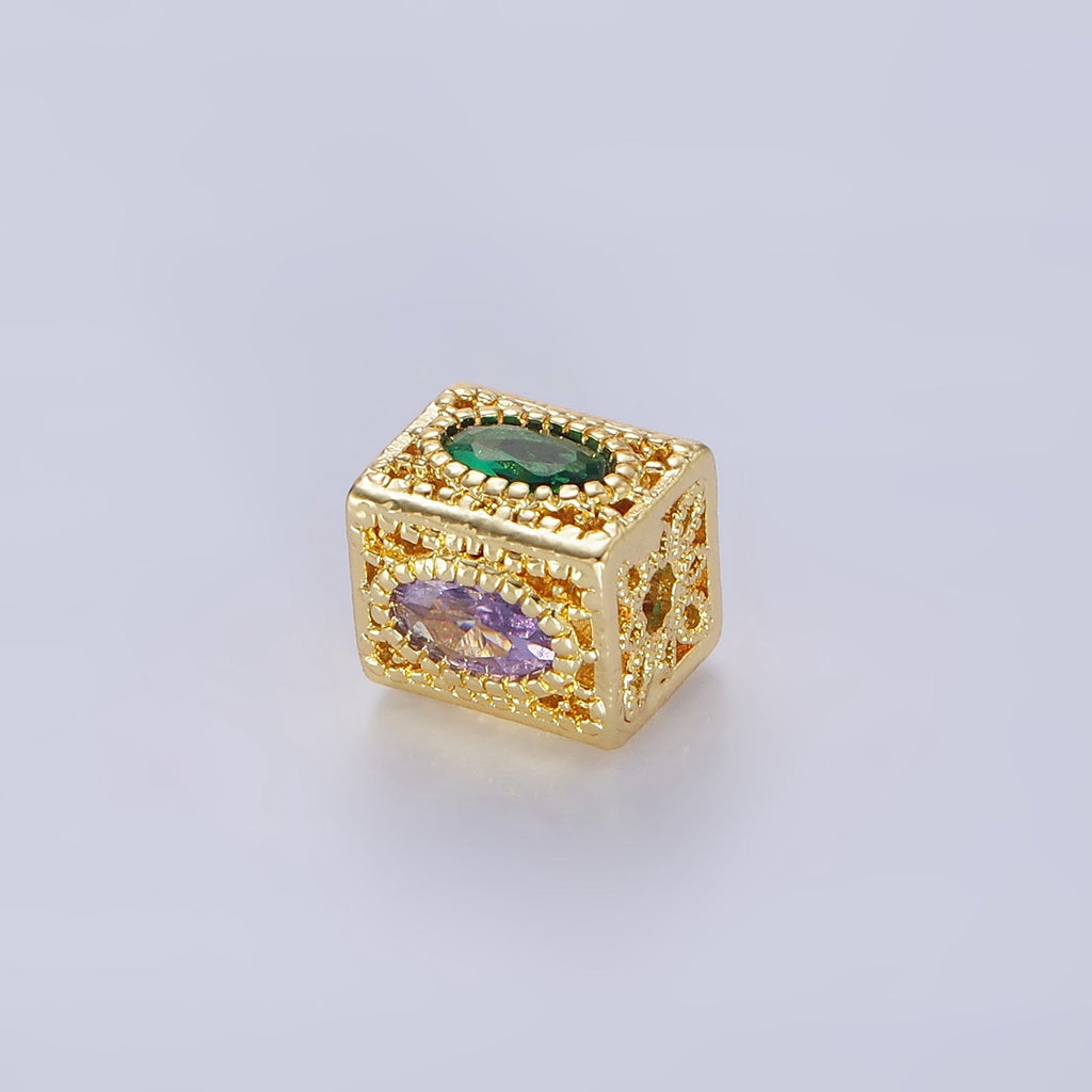 14K Gold Filled 8mm Multicolor Oval CZ Flower Filigree Rectangular Bead | B883