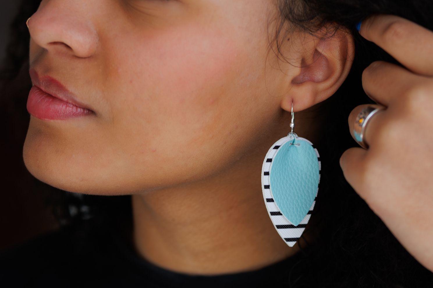 Mint Striped Leather Drop Earrings