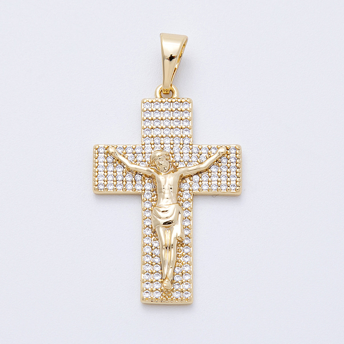 14K Gold Filled 35mm Wide Micro Paved CZ Jesus Crucifix Cross Religious Pendant | Charms-00221