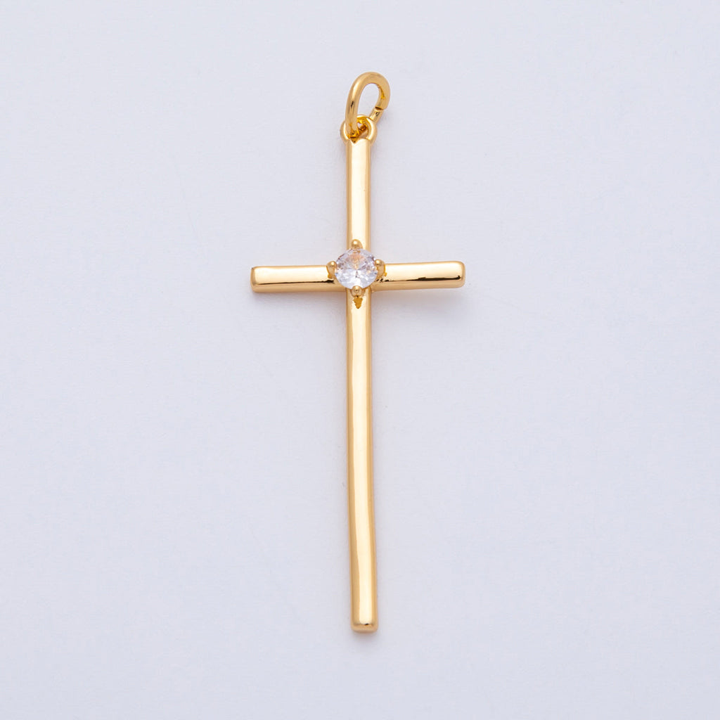 18K Gold Filled 41mm Clear CZ Religious Cross Minimalist Charm | Charms-00253