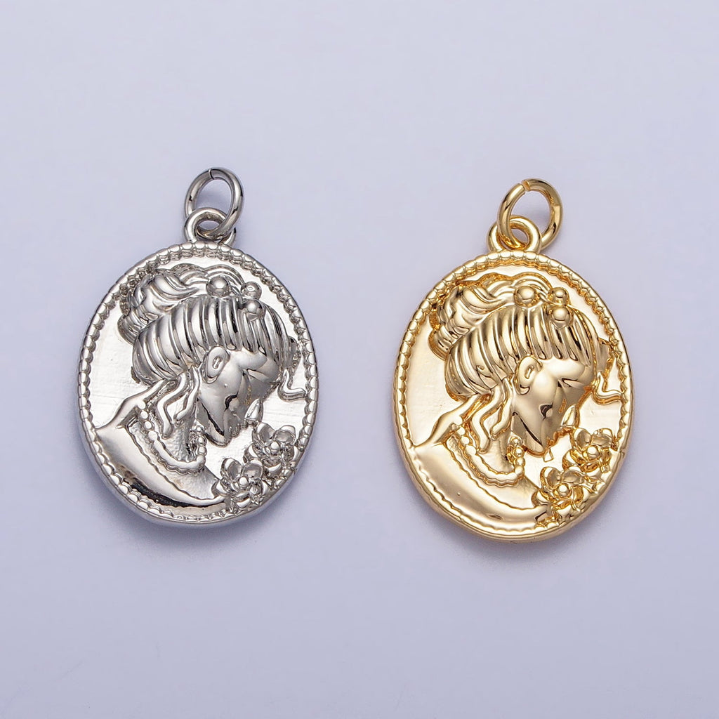 16K Gold Filled Double Sided Portrait of Victorian Lady Flower Pearl Cameo Oval Charm in Gold & Silver | AC299 AC300