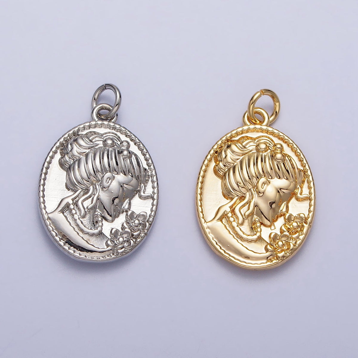 16K Gold Filled Double Sided Portrait of Victorian Lady Flower Pearl Cameo Oval Charm in Gold & Silver | AC299 AC300