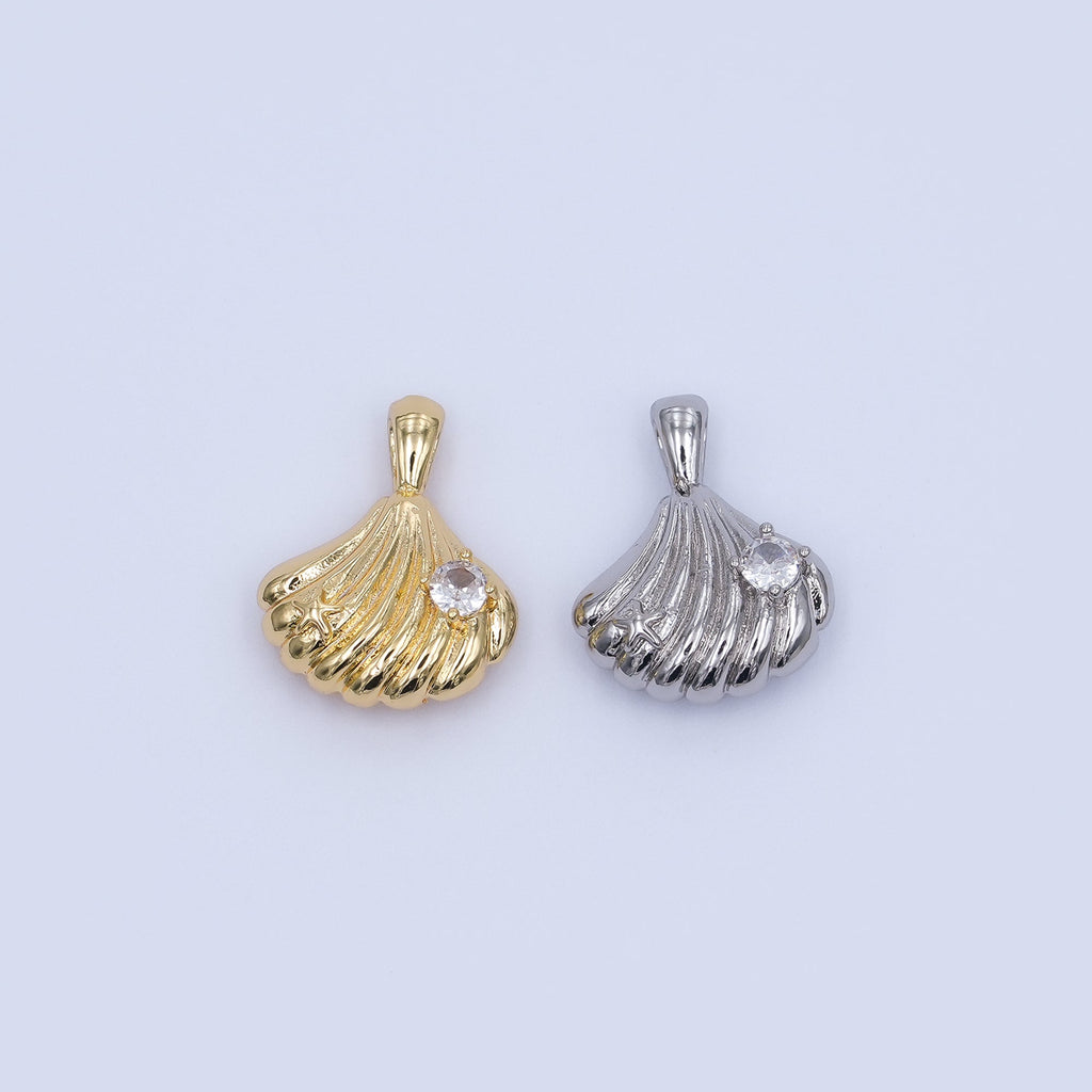 24K Gold Filled 17mm Clear CZ Scallop Sea Shell 3D Multidimensional Pendant in Gold & Silver | AH459