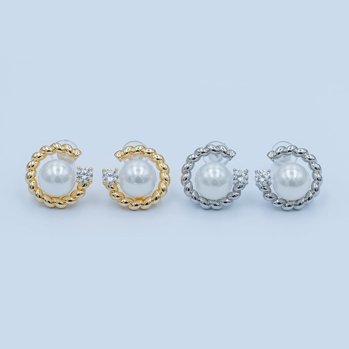 White Shell Pearl CZ Croissant C-Shaped Stud Earrings in Gold & Silver | AD1359 AD1360
