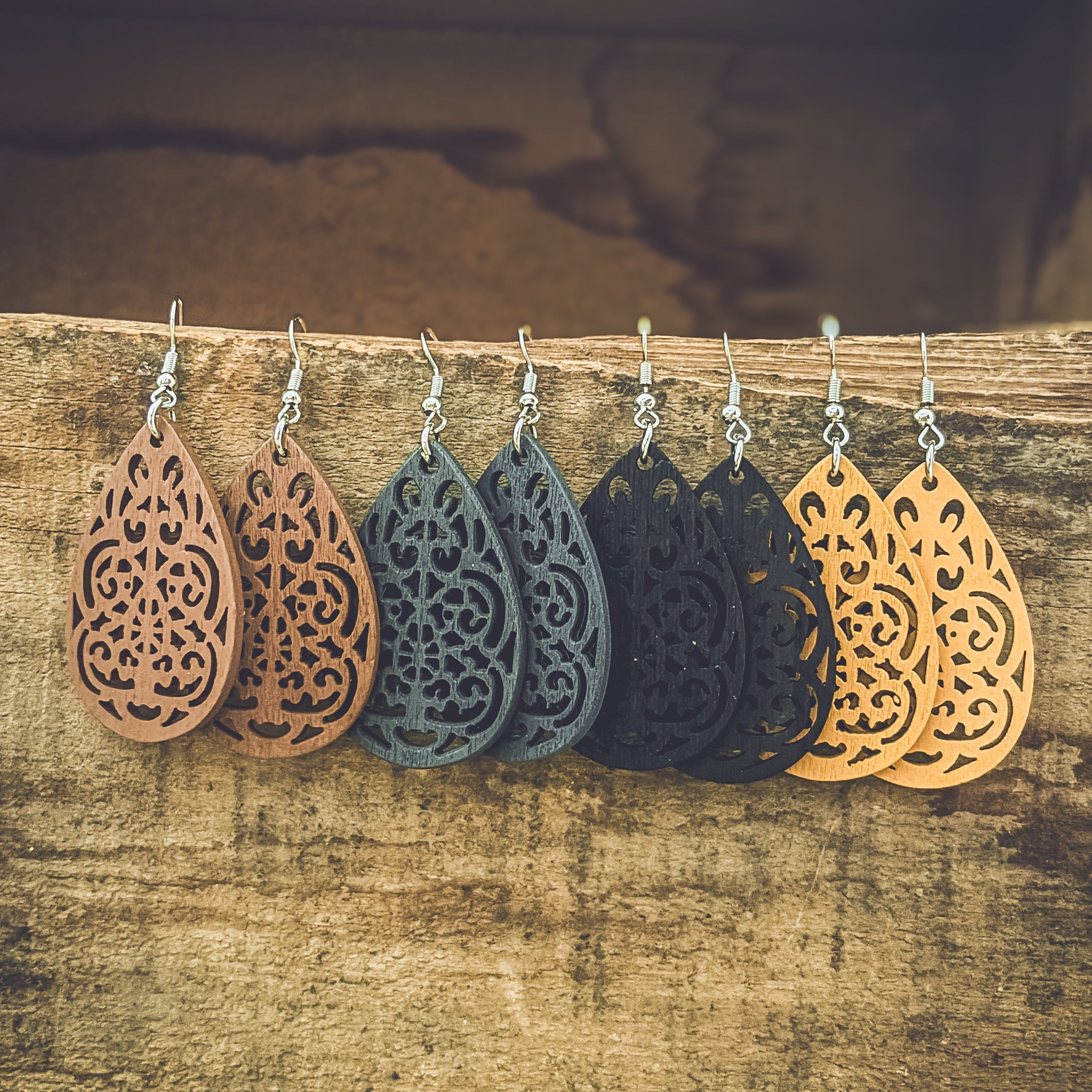 Set of Four Beautiful Carved Wood Earrings