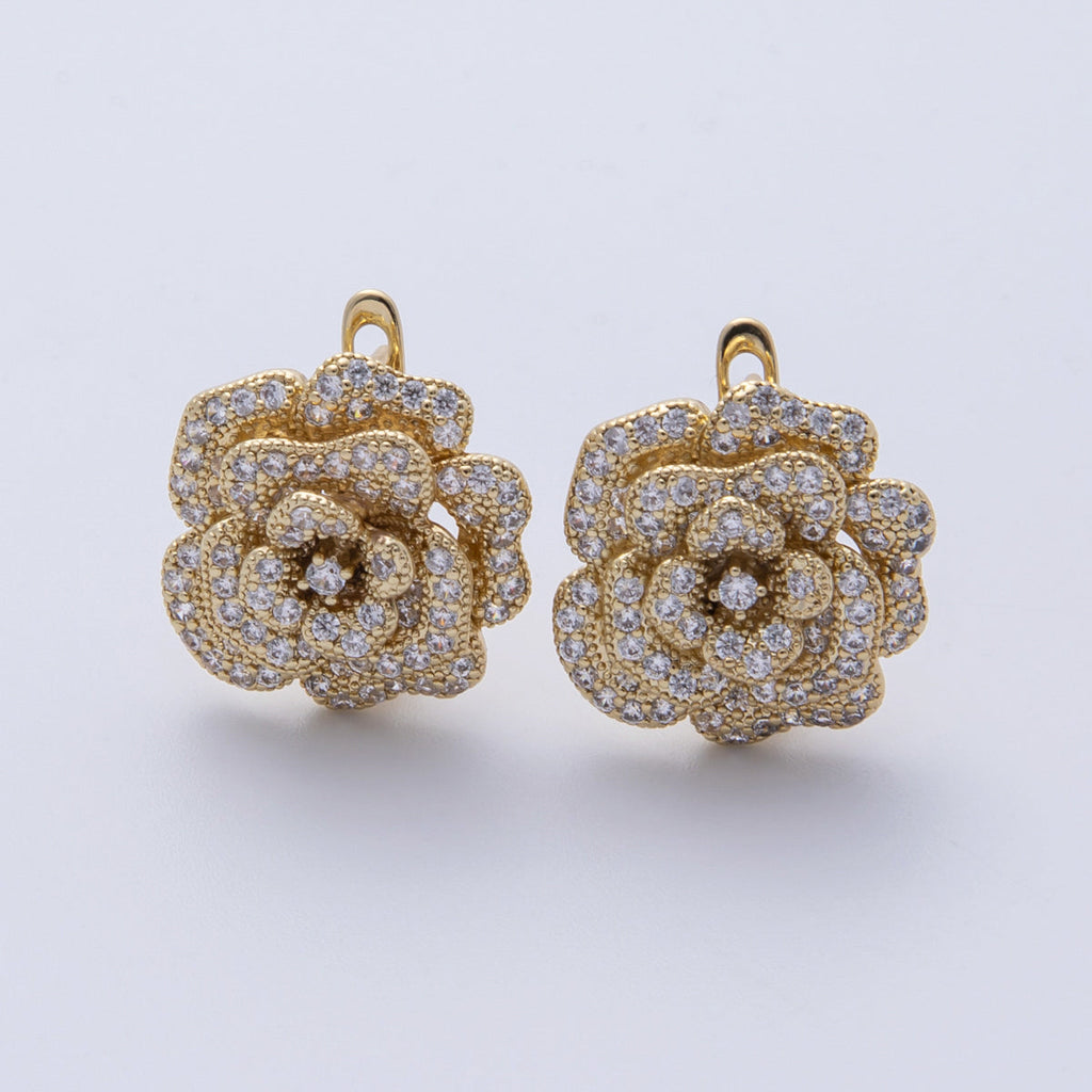 14K Gold Filled 17mm Micro Paved CZ Rose Flower English Lock Hoop Earrings | Earrings-00134