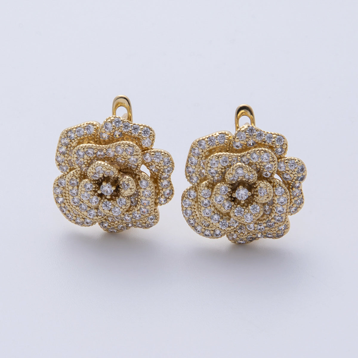 14K Gold Filled 17mm Micro Paved CZ Rose Flower English Lock Hoop Earrings | Earrings-00134