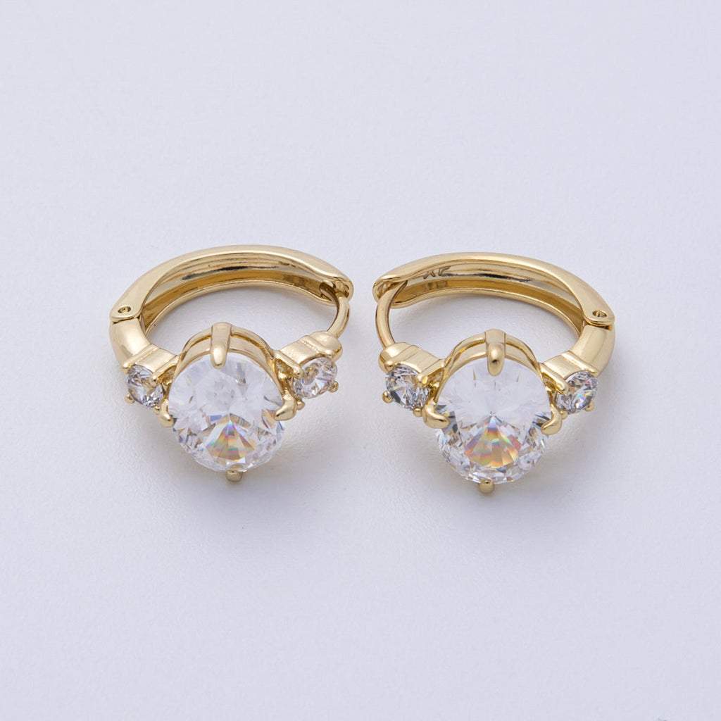 14K Gold Filled 15mm Clear, Green, Red Oval Solitaire CZ Huggie Earrings | Earrings-00145 ~ Earrings-00147