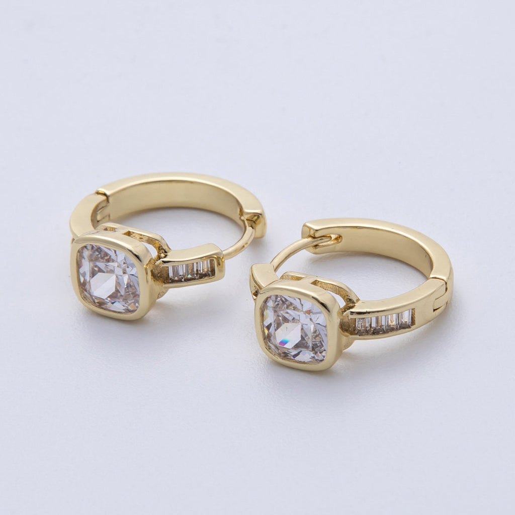 14K Gold Filled 15mm Clear CZ Square Solitaire Baguette Paved Hoop Earrings | Earrings-00148