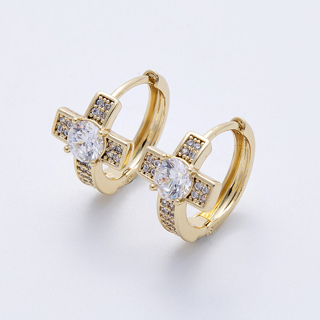 14K Gold Filled 17.5mm Micro Paved CZ Cross Huggie Earrings | Earrings-00178
