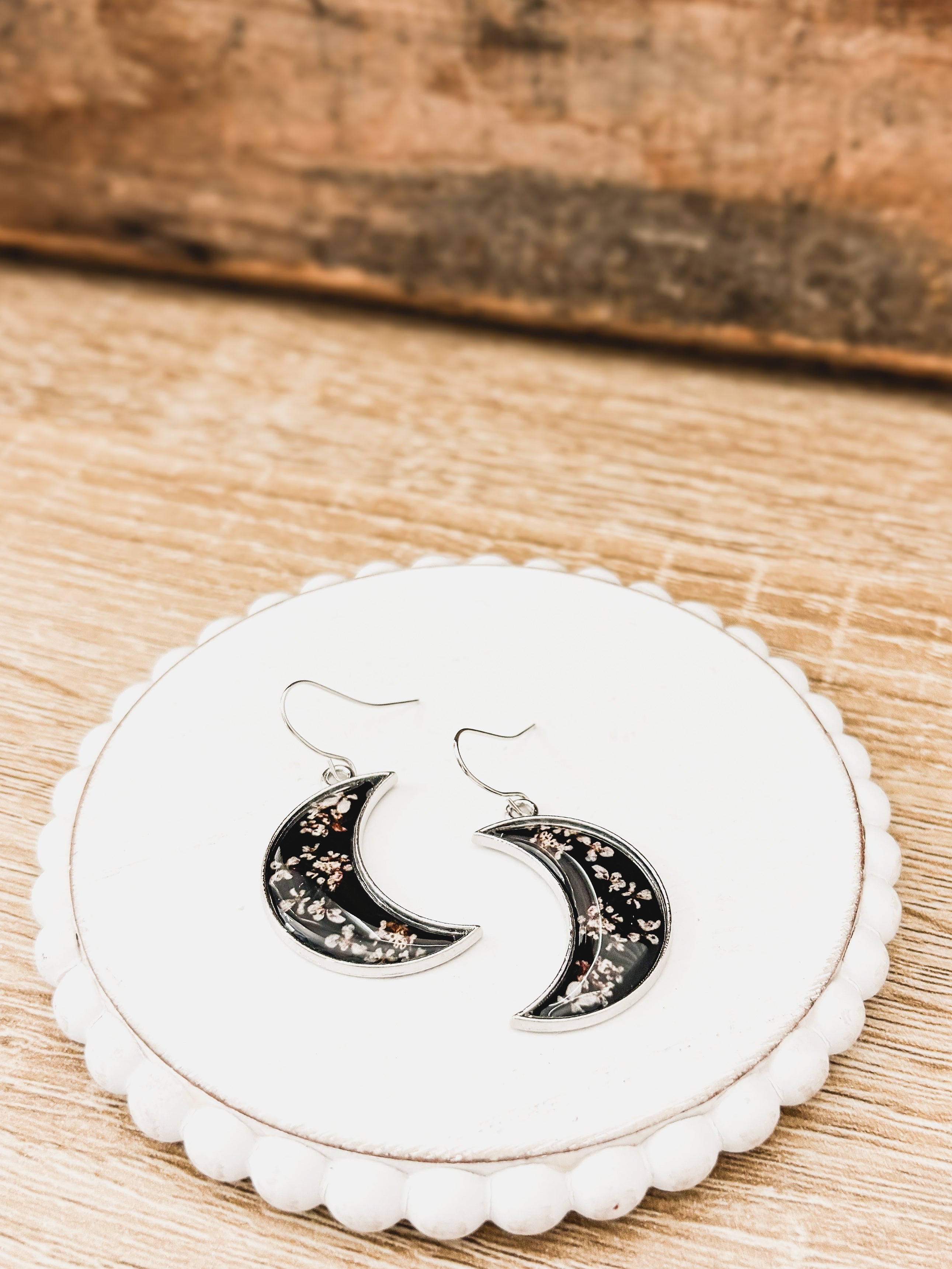 Midnight Moon Crescent Earrings with Pressed Flowers