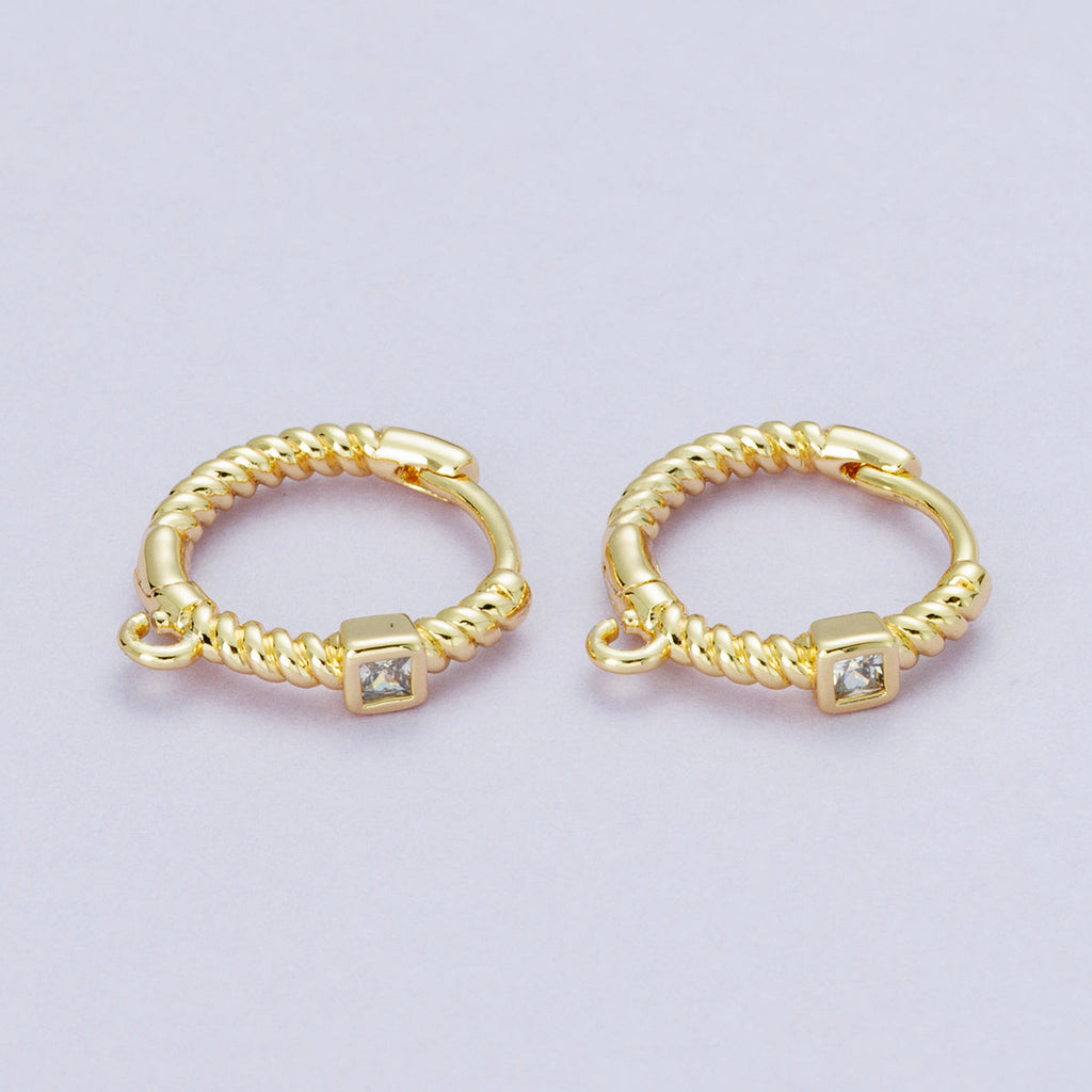 18K Gold Filled 15mm Clear Square CZ Ribbed Croissant Open Loop Drop Huggie Earrings in Gold & Silver | Findings-00113 Findings-00114