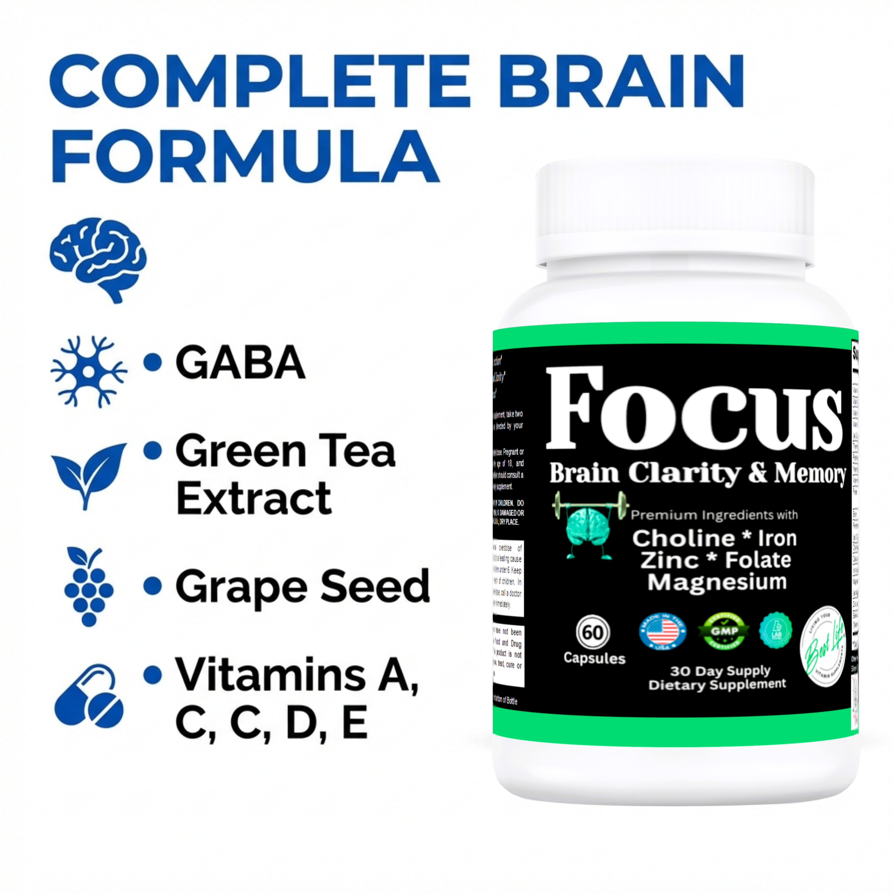 Focus, Brain Focus, Clarity & Memory Vitamin Supplement