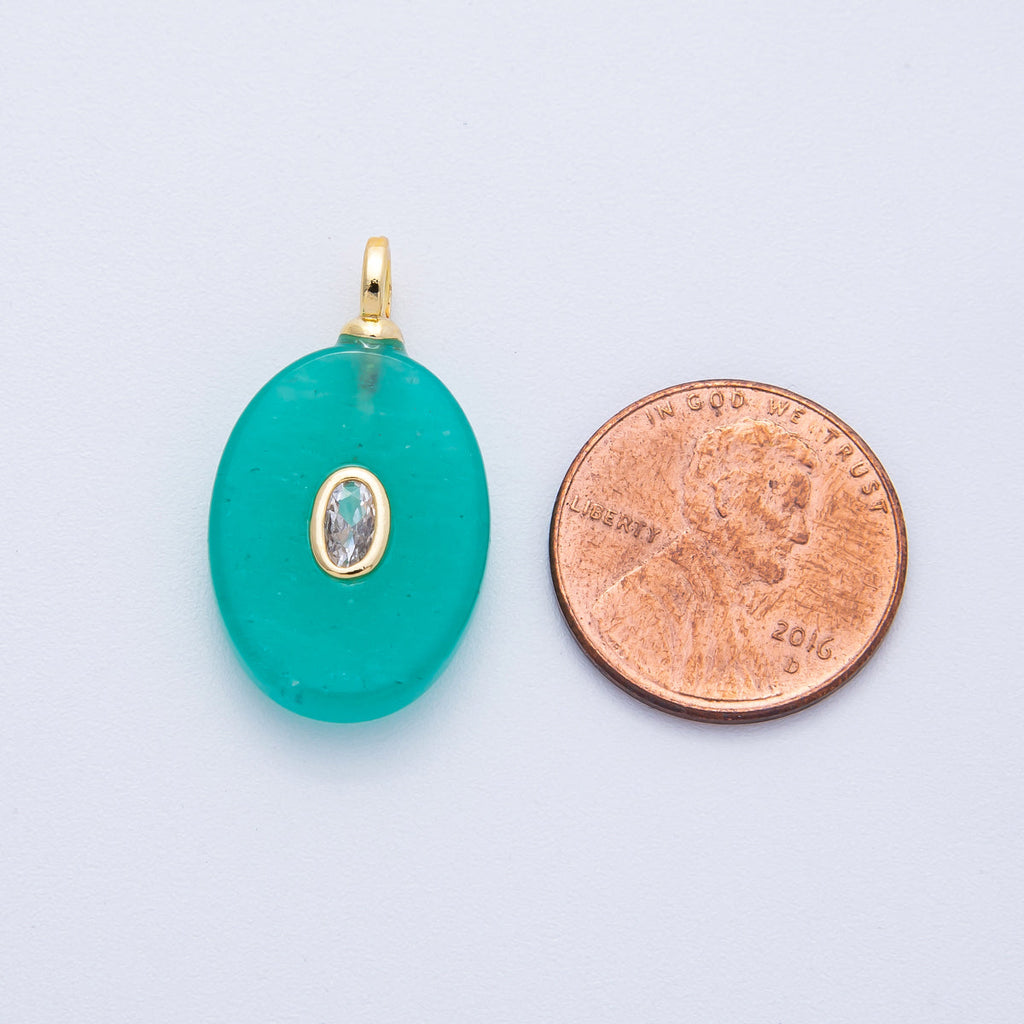 18K Gold Filled 27mm CZ Embedded Citrine, Turquoise Oval Gemstone Pendant | AK207
