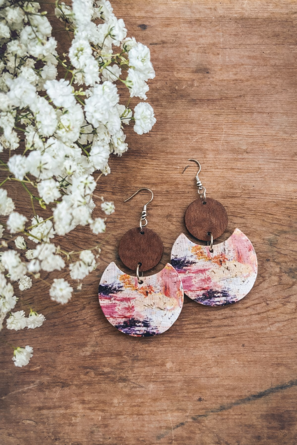 Pretty Pink Wood and Cork Mural Earrings