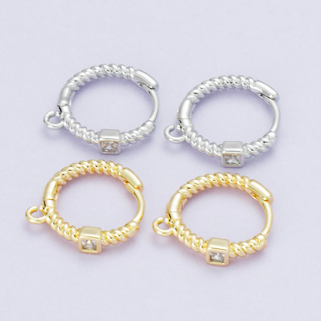 18K Gold Filled 15mm Clear Square CZ Ribbed Croissant Open Loop Drop Huggie Earrings in Gold & Silver | Findings-00113 Findings-00114