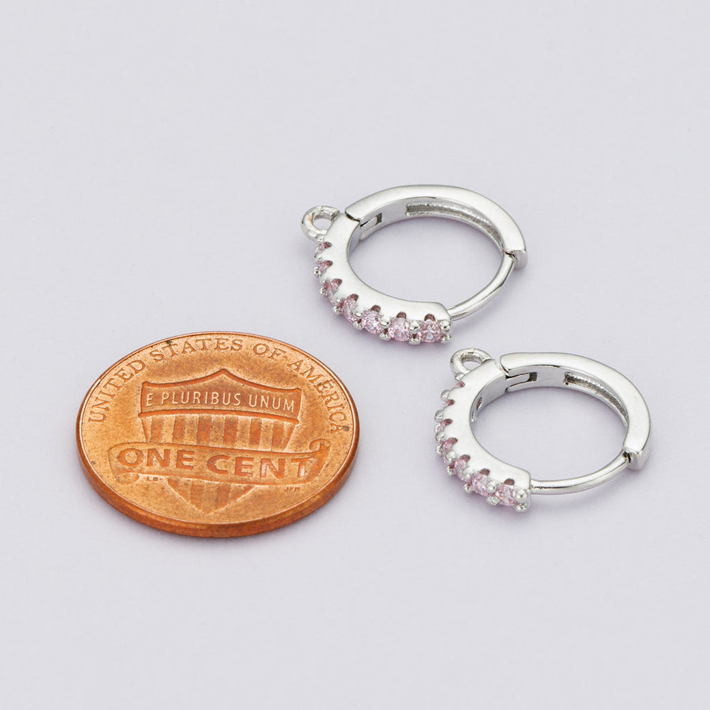 Rhodium Plated 14mm Pink, Turquoise CZ Micro Paved Open Loop Drop Huggie Earrings | Findings-00085