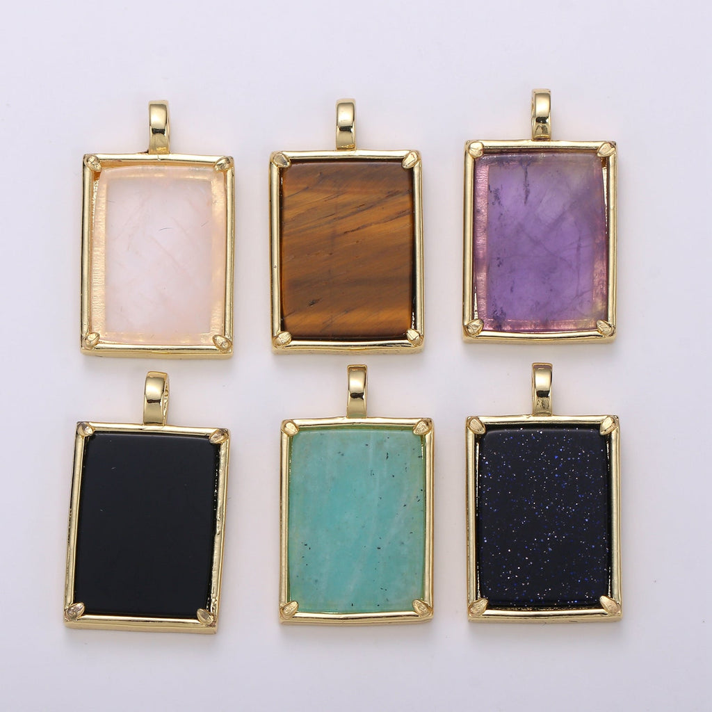 14K Gold Filled 25mm Amethyst, Aquamarine, Onyx, Rose Quartz, Lapis Lazuli, Tiger Eye Gemstone Rectangle Bezel Pendant | I785 - I790