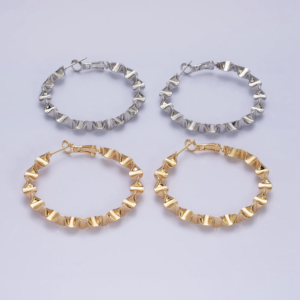 16K Gold Filled 43.5mm Geometric Wavy Foil Hinge Hoop Earrings in Gold & Silver | AB1437 - AB1438