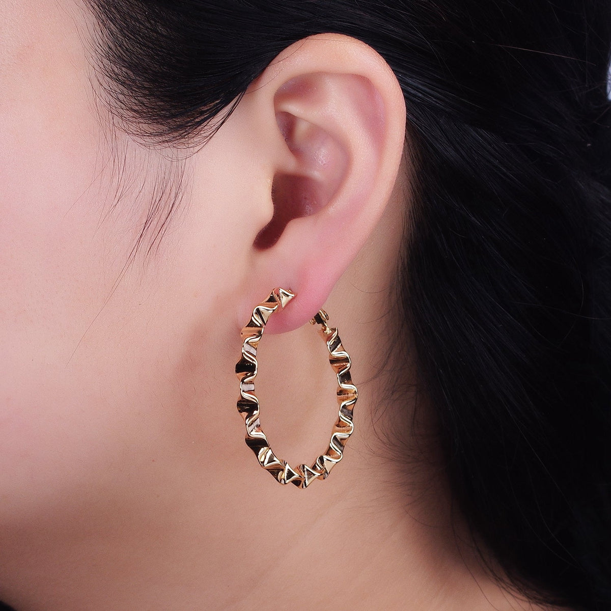 16K Gold Filled 43.5mm Geometric Wavy Foil Hinge Hoop Earrings in Gold & Silver | AB1437 - AB1438