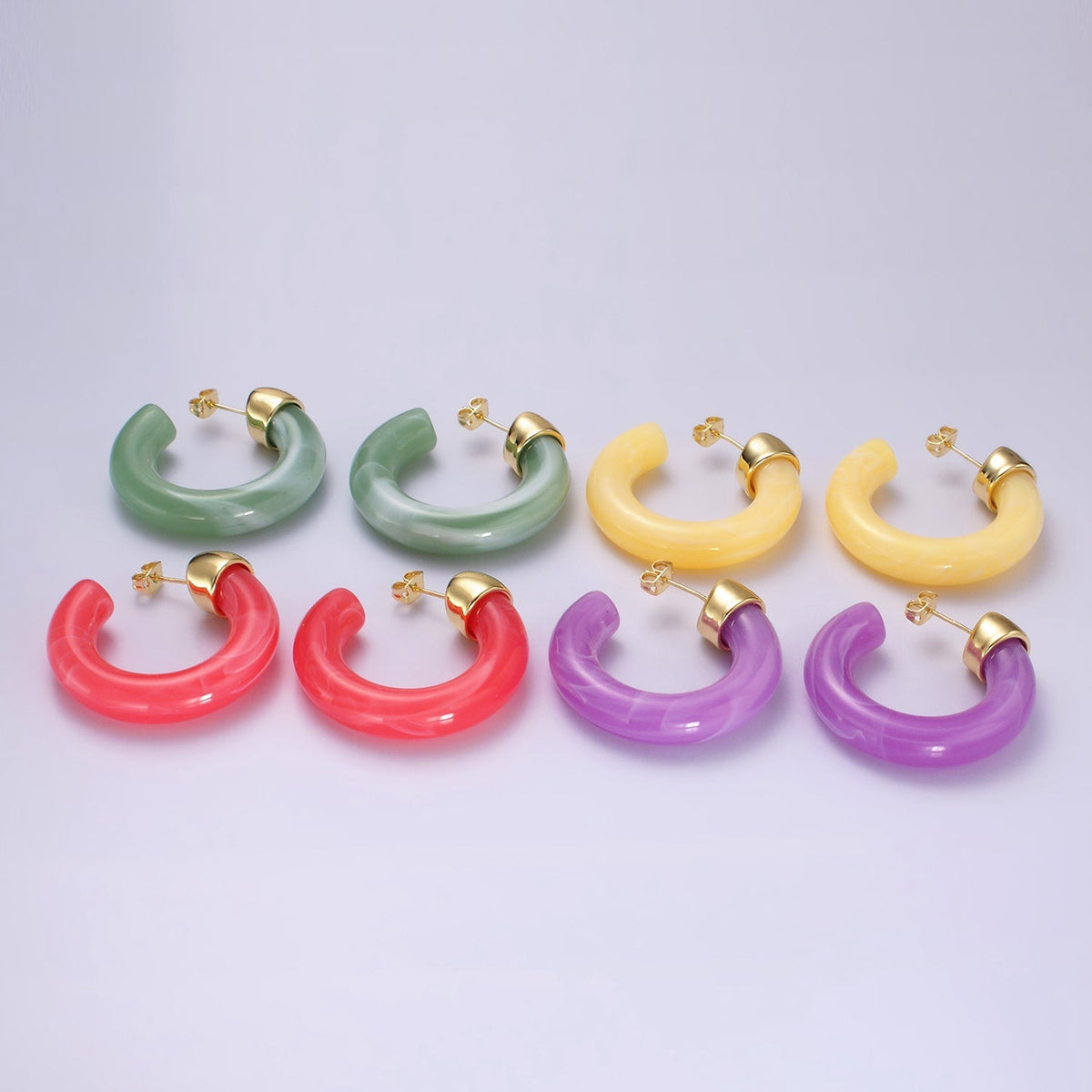 14K Gold Filled 35mm Yellow, Green, Pink, Purple, Clear Resin C-Shaped Hoop Earrings | AE189 - AE192 P082