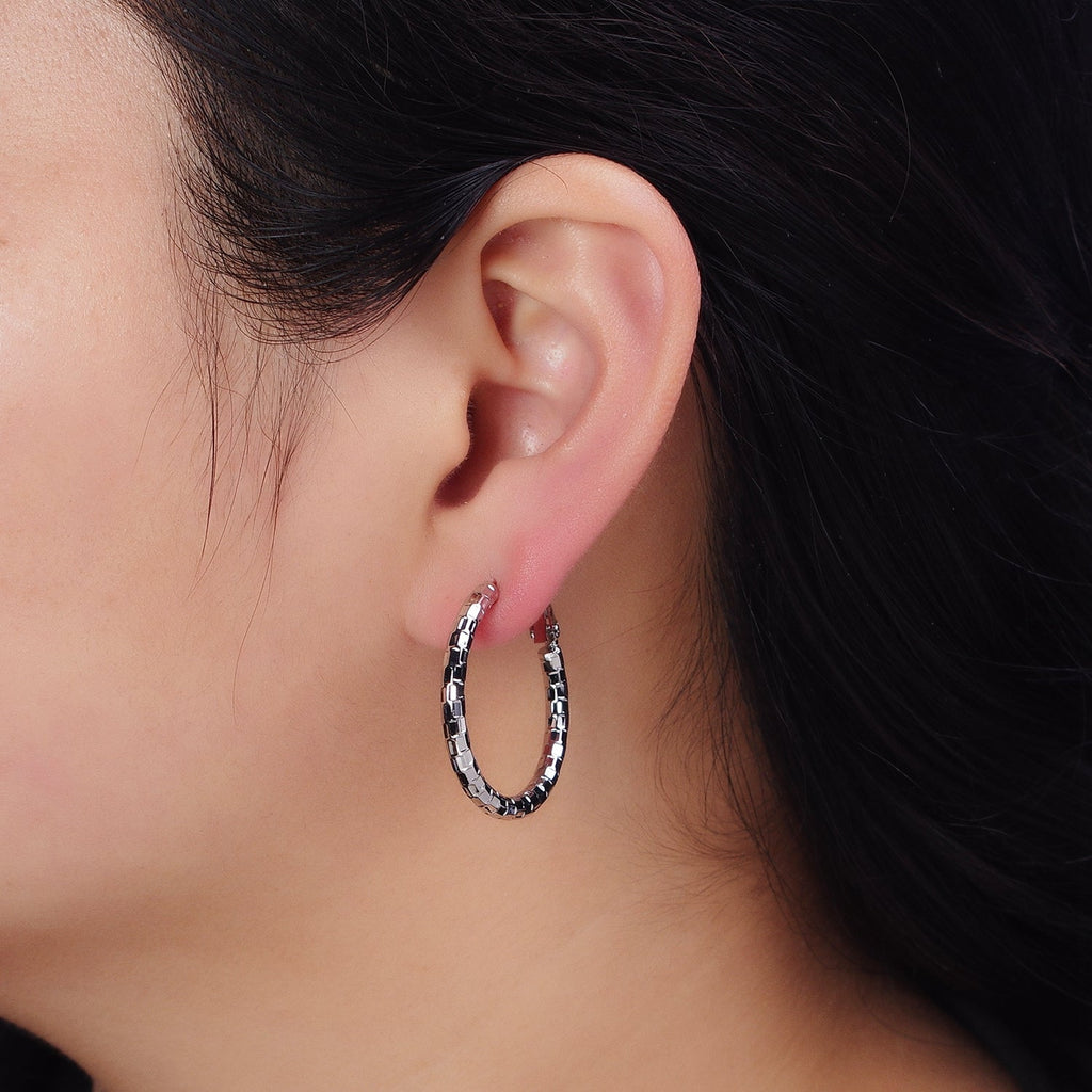 16K Gold Filled 30mm Multifaceted Textured Hinge Hoop Earrings in Gold & Silver | AD1211 AD1212