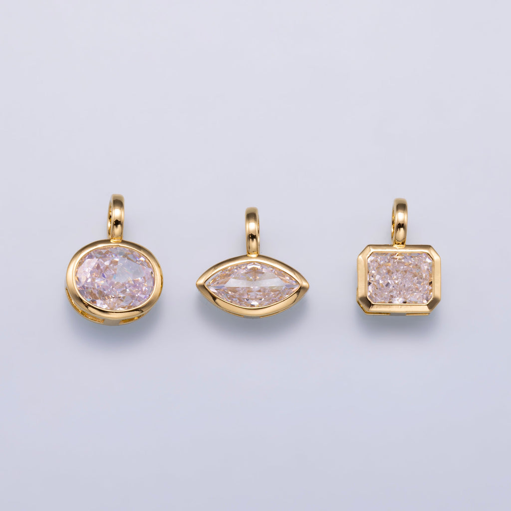 14K Gold Filled Clear Baguette, Oval, Marquise CZ Bezel Collar Chain Pendant in Gold & Silver | Charms-00750 ~ Charms-00752