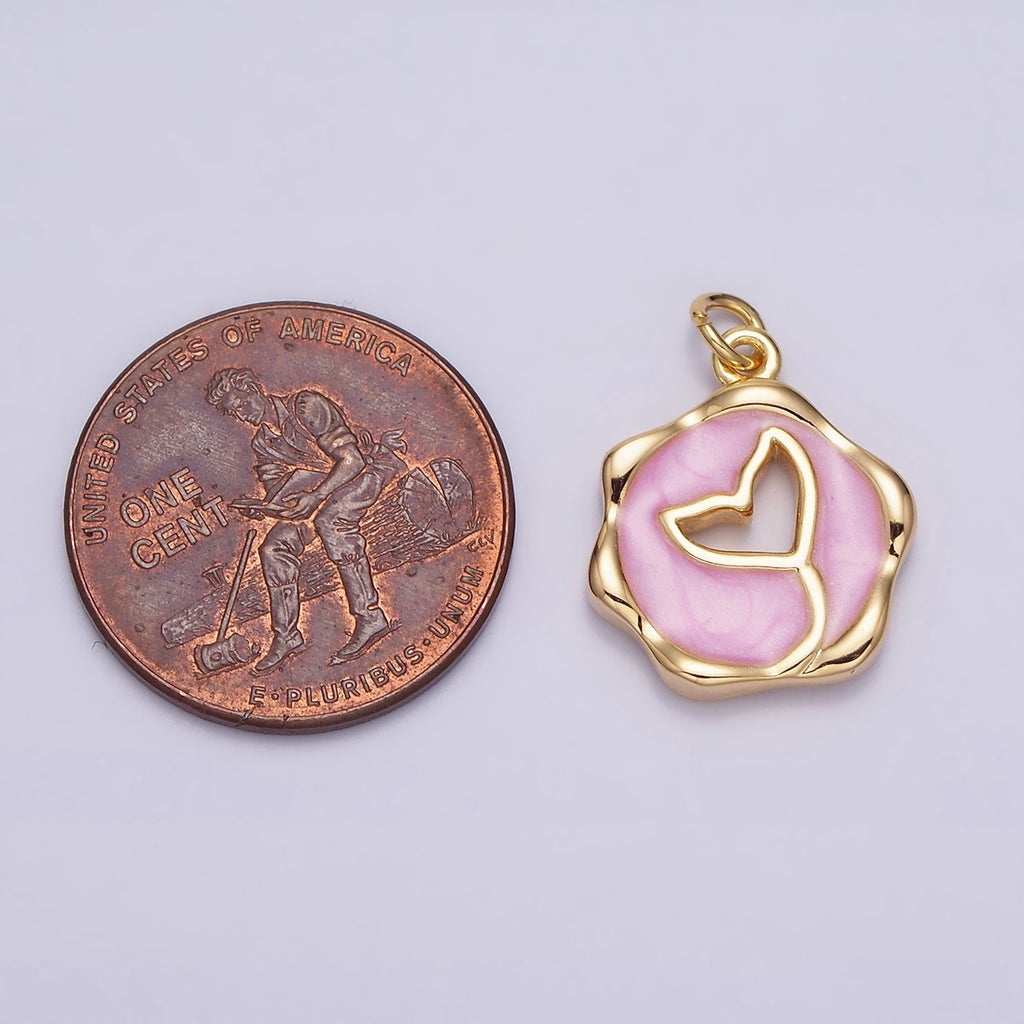 16K Gold Filled White, Pink, Blue Ocean Whale Tail Glitter Enamel Stamped Round Charm in Gold & Silver | AC1093 - AC1098