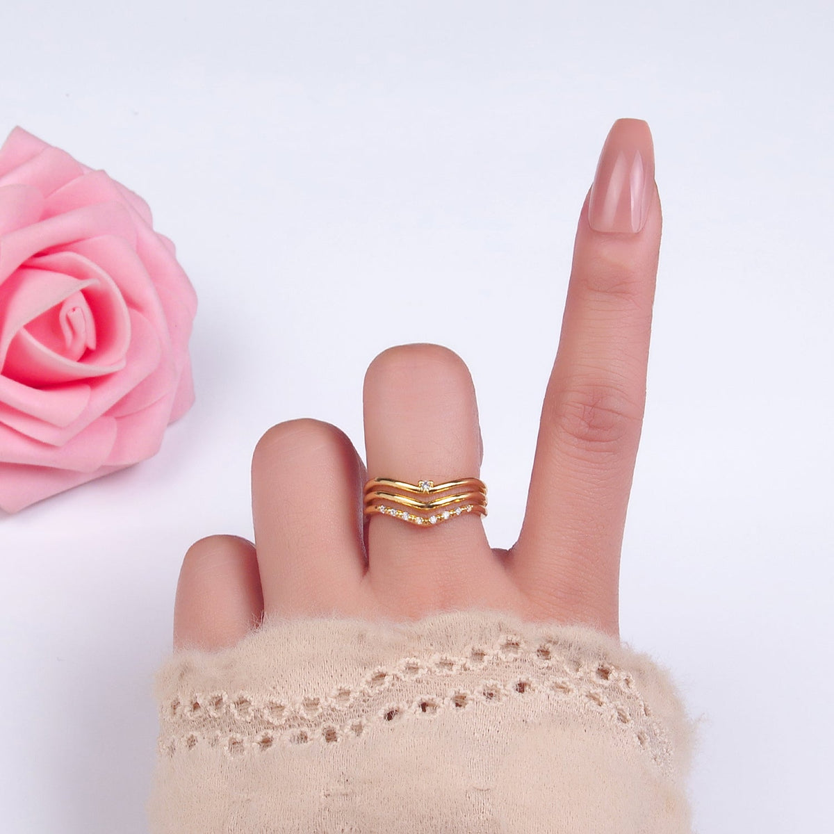 24K Gold Filled Micro Paved CZ Chevron Triple Band Ring | O306