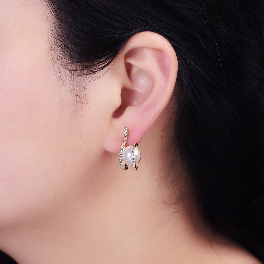 16K Gold Filled 21.5mm Iridescent Shell Pearl Micro Paved CZ Claw Drop Stud Earrings in Gold & Silver | AD972 AD973